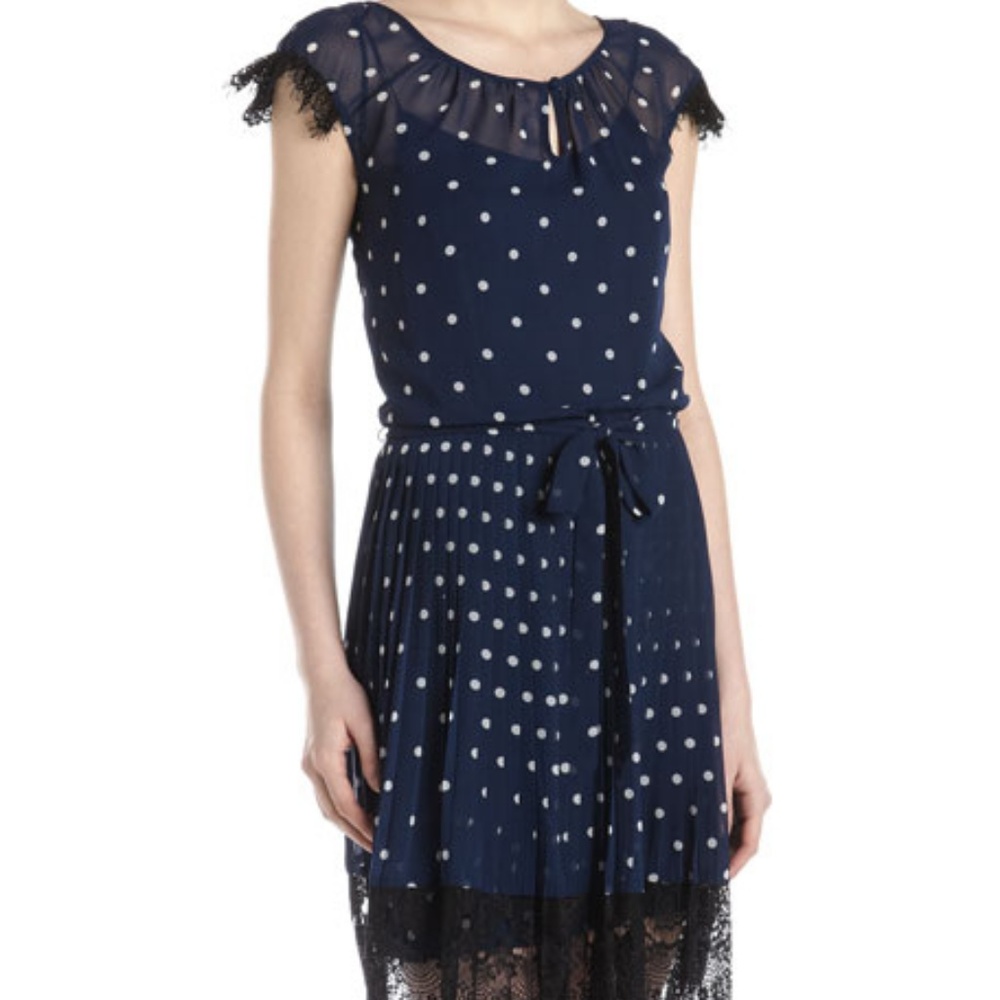 Blue Polka Dot Donna Morgan Dress with Black Lace